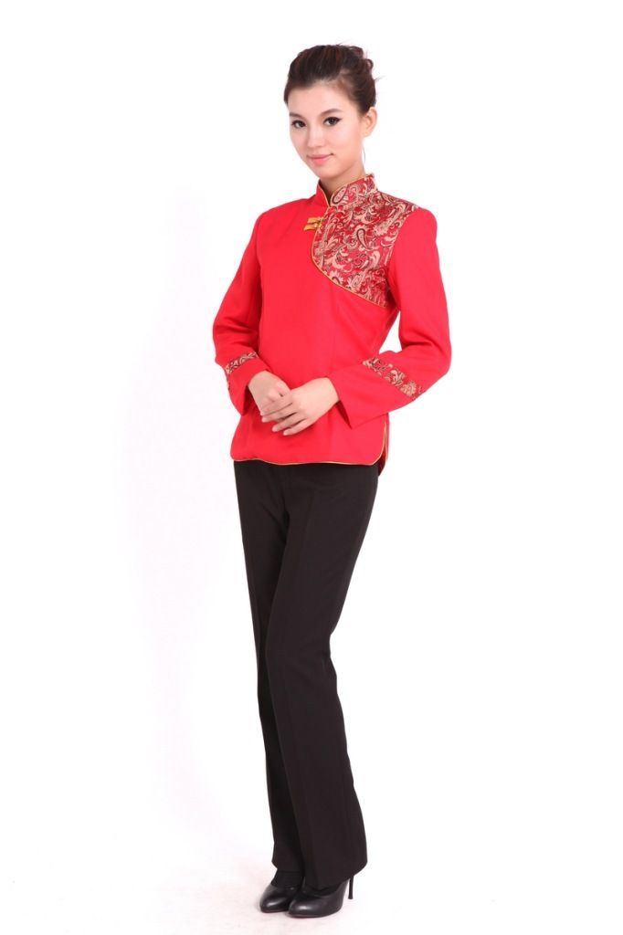 【冬季 酒店 饭馆 火锅店 中式大红色女服务员 