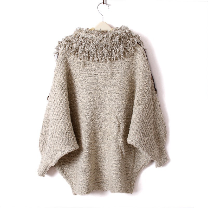 【欧美女装<em>秋冬</em>新款大<em>毛衣</em>pu皮拼接圈圈纱蝙