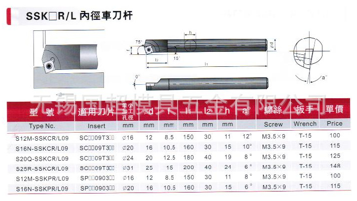 台湾进口数控刀具SSKCR/L75°内径车刀杆
