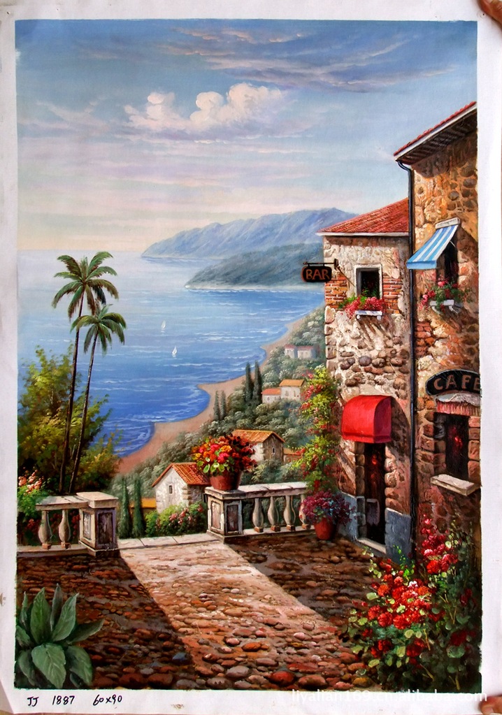批发高质量纯手绘地中海风景油画书房油画客厅油画欧式风景