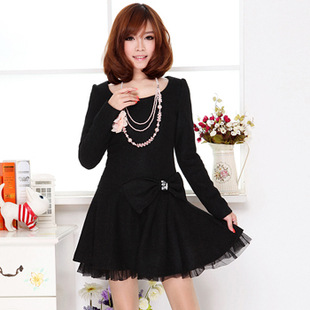 春秋黑色銀絲毛呢裙 釘珠蝴蝶結氣質篷篷裙 泡泡袖大擺連衣裙 免運費