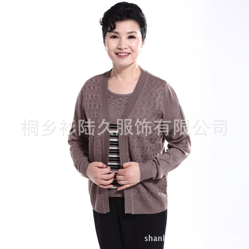 妈妈装 秋装新款羊毛衫 外面漏空里面三色条纹假两件毛衣0472