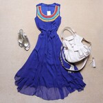双双服装2012新款 领口三彩绣线飘逸假两件套连衣裙
