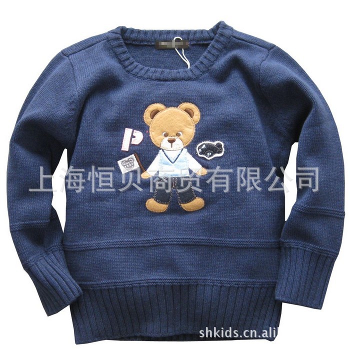 <em>上海厂家直销</em> 外贸男童 蓝色旗帜小熊 儿童<em>毛衣</em>