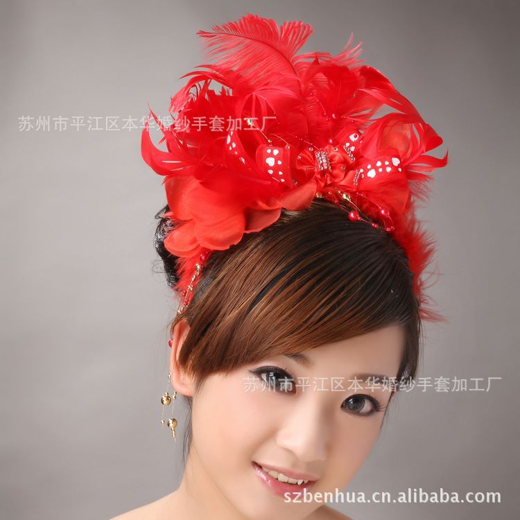 韩式新娘头花大红色花朵发绳胸花两用演出羽毛
