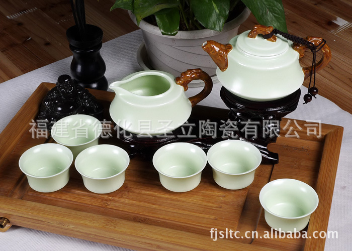 龙行天下 8入月青手彩茶具套装  定窑茶具