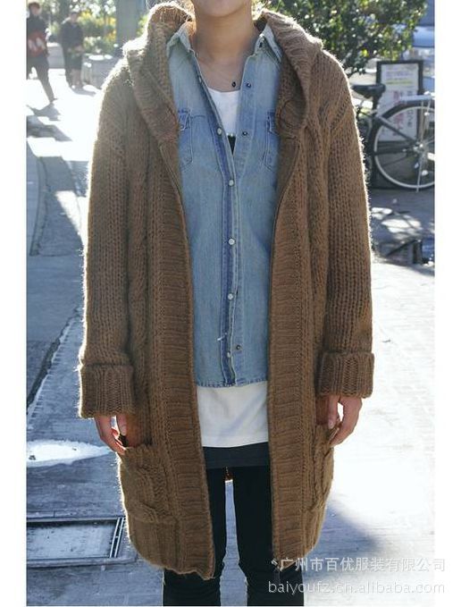 8113女装加厚保暖长款粗<em>毛线</em>针织<em>开衫</em>带帽毛