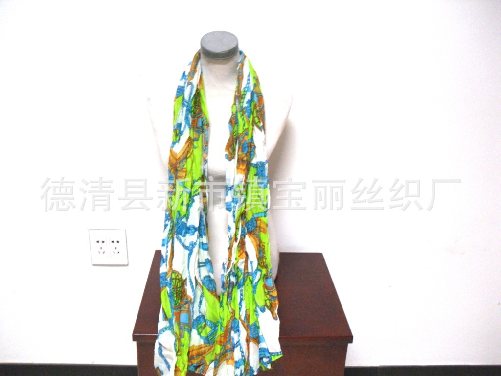 【欧美流行<em>爱马仕</em>巴厘纱印花<em>女士</em>褶皱长<em>围巾</em>披