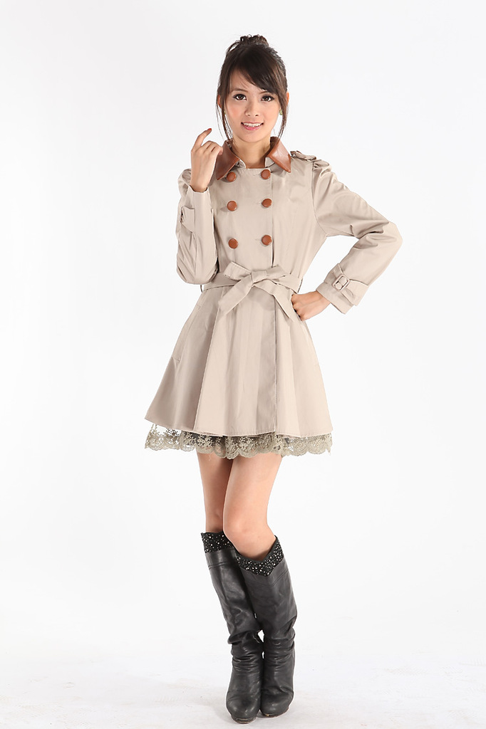 2012秋季新款韩版PU皮蕾丝女式双排钮长款风