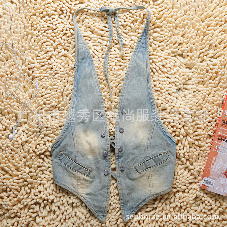 厂家直销 春夏款女式牛仔马甲背心 经典吊脖款