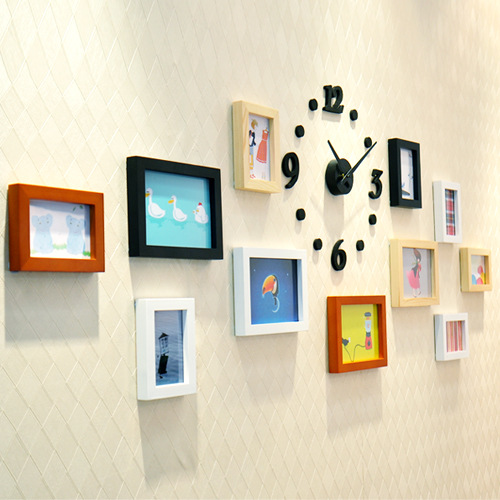 梓晨 灵动时尚实木<em>照片墙+钟表</em>组合套装 组合