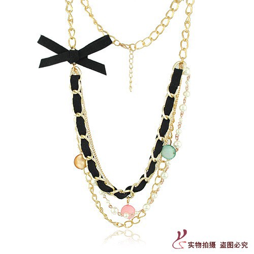 N1417<em>时尚</em>甜美<em>毛衣</em>链<em>批发</em> 蝴蝶结珍珠多层长
