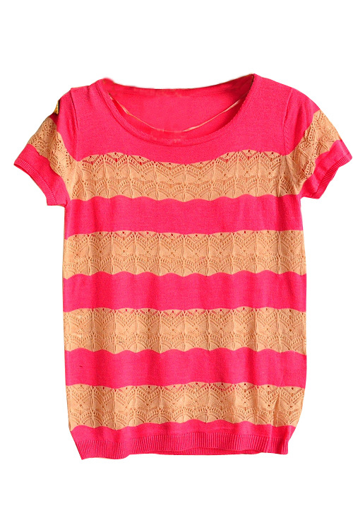 欧家条纹镂空套头圆领短袖针织衫两件套带吊带