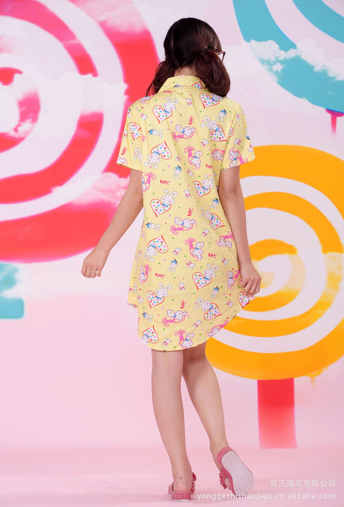 【<em>韩版开衫衬衫</em>裙夏季睡衣<em>女士</em>纯棉睡裙卡通可