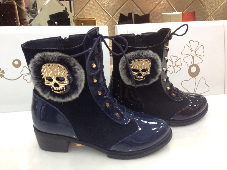 【<em>美邑</em>冬季新款棉鞋 低跟骷髅头 时尚真皮<em>女鞋</em>