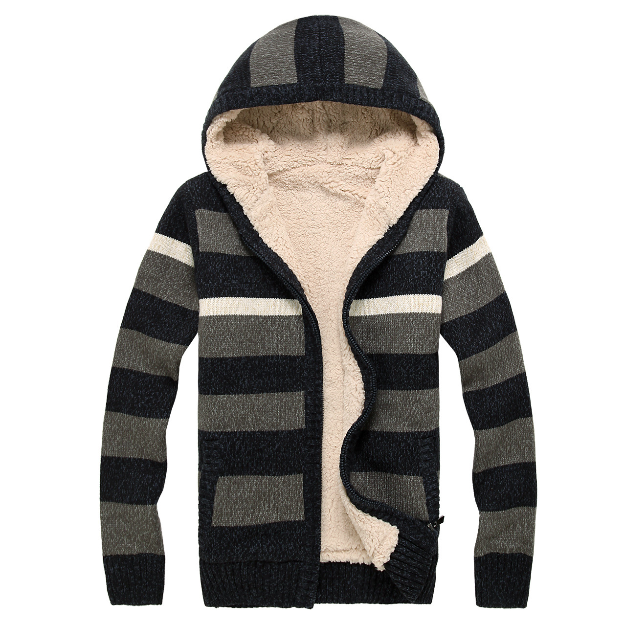 秋冬装韩版男士毛衣外套<em>加绒加厚</em>横条针织<em>开衫</em>