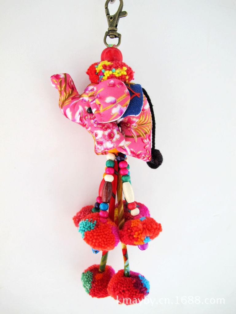 【泰国手工绒球饰品 泰国旅游纪念品大象钥匙