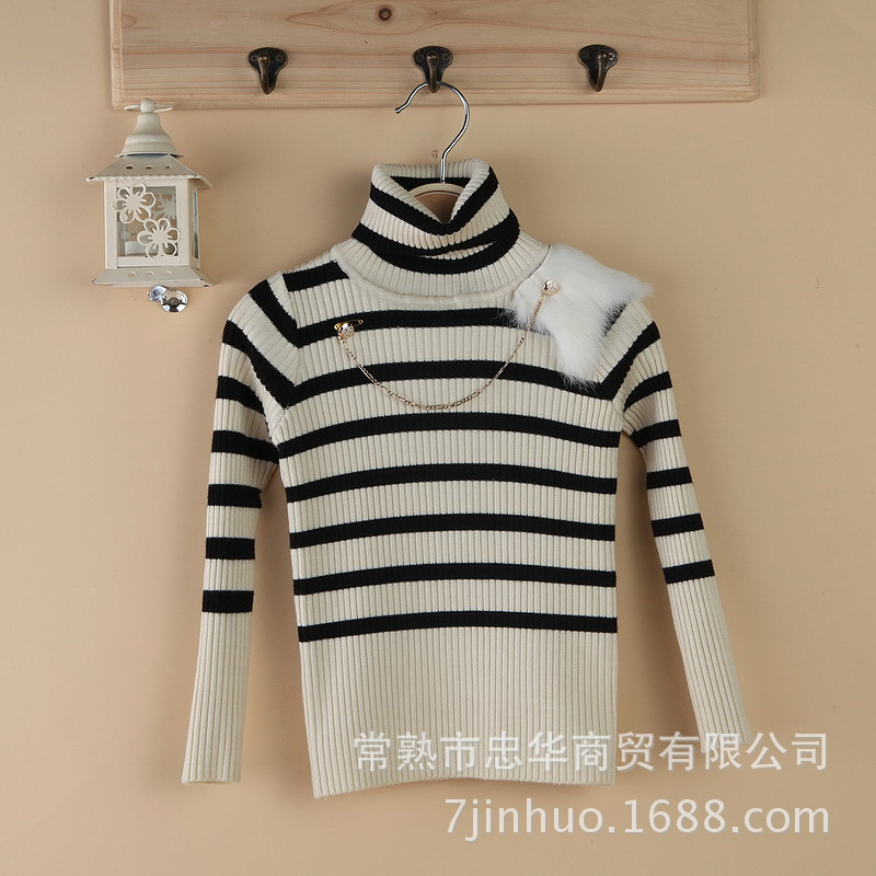 童装~韩版<em>女童</em>羊绒<em>条纹高领</em>针织衫~小中童两