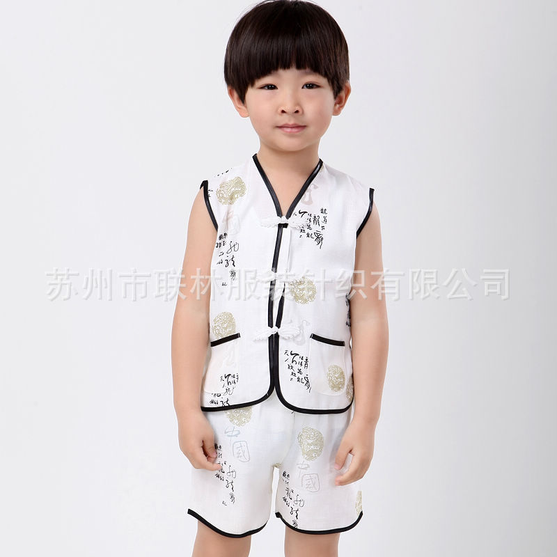 供应唐装 儿童唐装 棉麻<em>男童马甲套装</em> 淡黄色 图