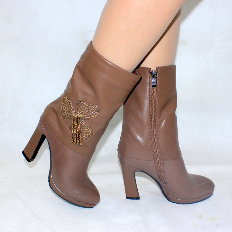 单靴-<em>美邑</em>新款秋冬<em>女鞋</em> 欧美中筒靴 真皮厚底高