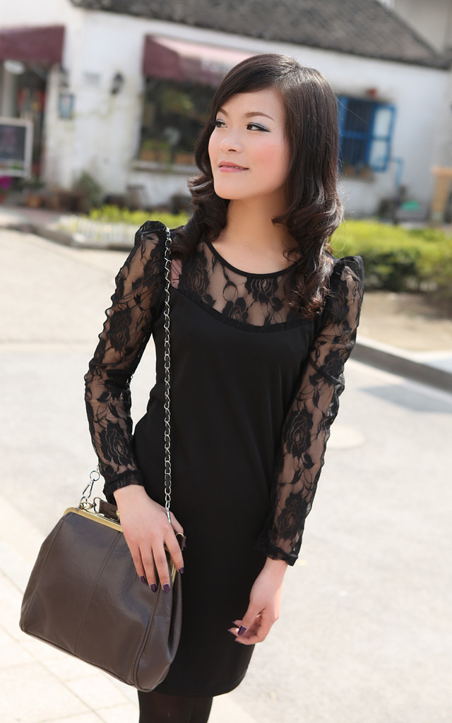 2013新款韩版显瘦蕾丝透明长袖修身连衣裙 露