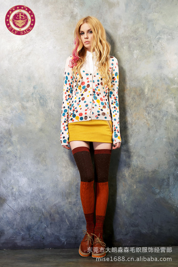 【外贸春秋印花<em>女针织开衫</em> 女彩色波点复古毛