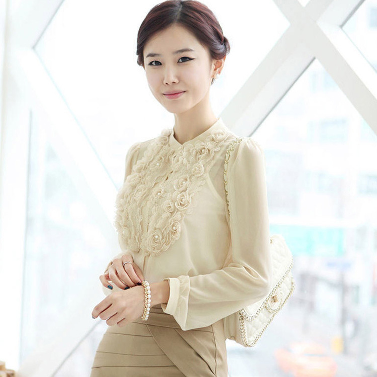 2014新款打底衫雪纺衬衫女长袖韩版立领玫瑰