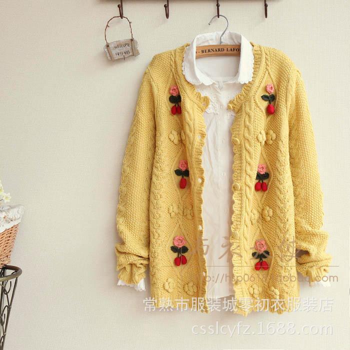 【日系森林系 甜美小樱桃手工<em>钩花针织开衫</em>毛