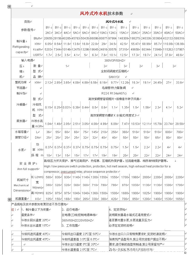 风冷式冷水机技术参数