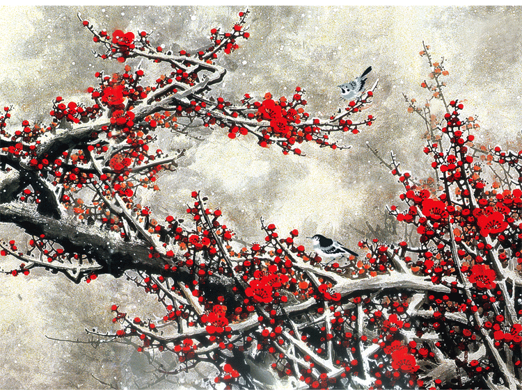 中式壁画直销背景墙墙纸壁纸个性定制卧室梅花无纺布壁画墙画厂家