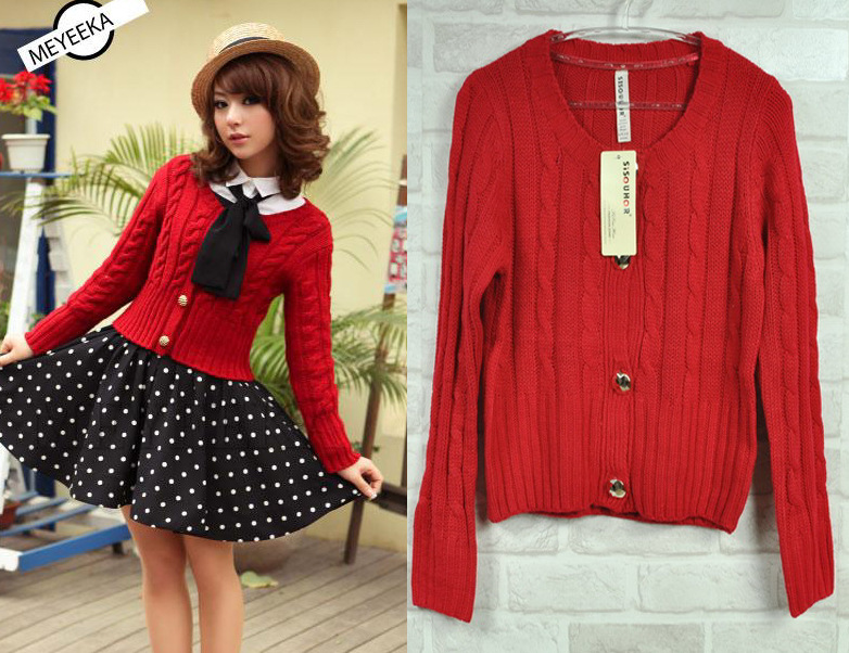 正品短装<em>大红色</em>麻花小<em>开衫</em>收腰<em>毛衣</em>- 图片_高