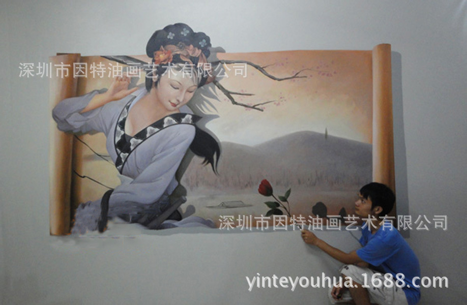 纯手工3D油画高端墙绘彩绘地画逼真写实3D立体画