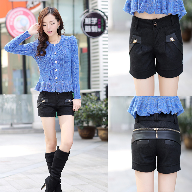 2013秋冬<em>休闲</em>大码<em>韩版</em>毛呢<em>短裤女</em>PU皮拼接短