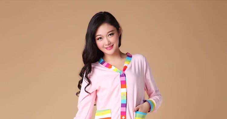 家居服秋装女士<em>可爱纯棉</em>长袖<em>长款</em>针织棉休闲睡