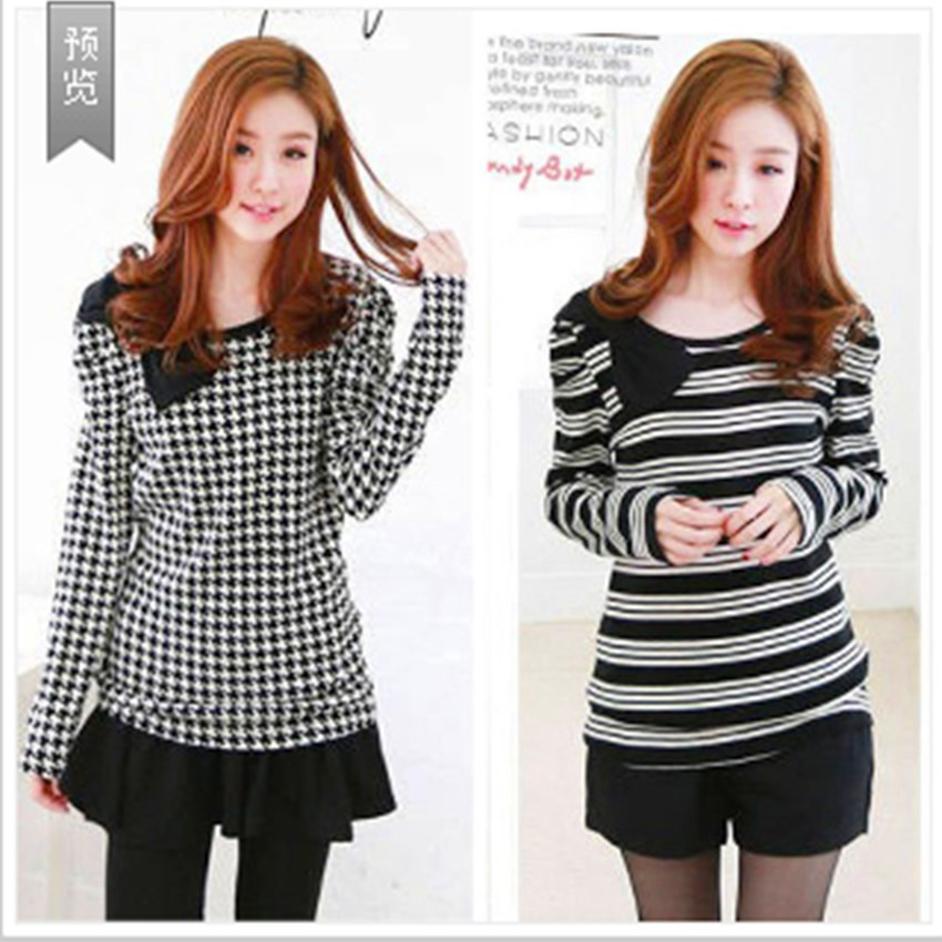 <em>厂家直销</em> 新款<em>春季 女装</em> 韩版条纹千鸟格修身长