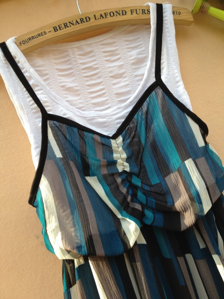 彩色竖条纹假两件套修身连衣裙2013夏季新品