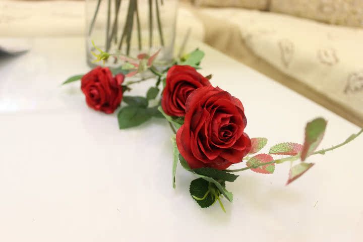 批发采购仿真植物-高仿真花 高仿真三头情人玫