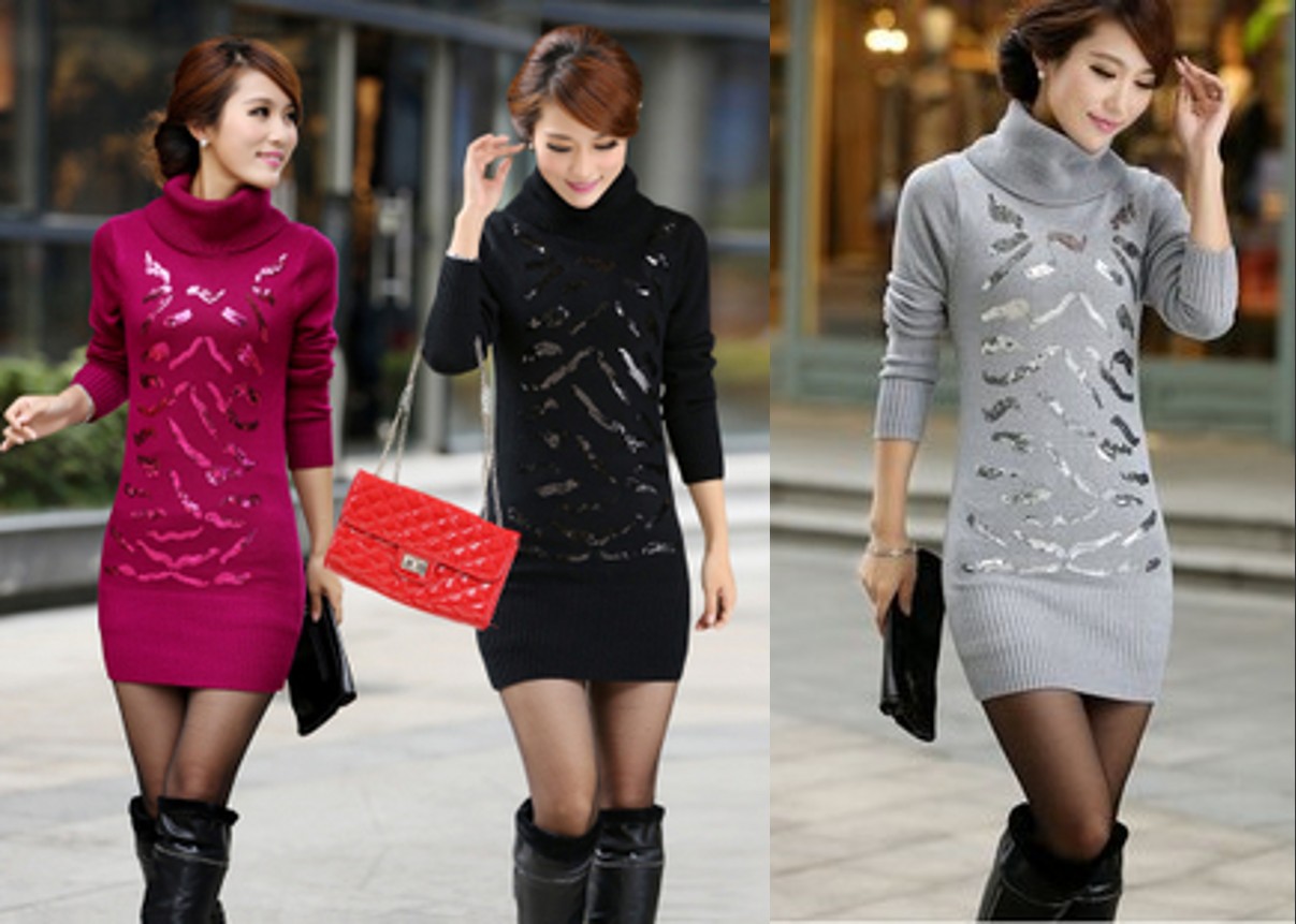 2013秋冬韩版女装高领亮片针织衫<em>加厚长款毛</em>