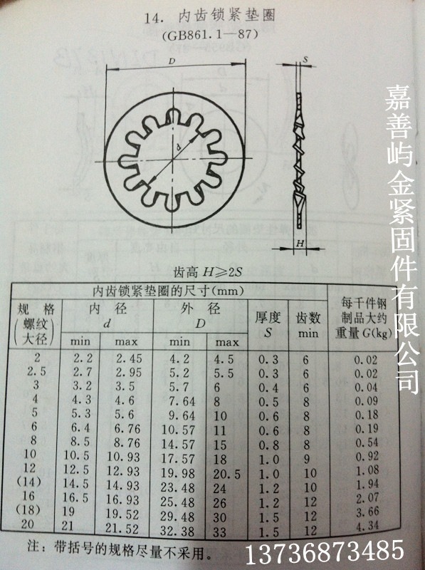 垫圈-GB861.1不锈钢内齿锁紧垫圈的尺寸和重