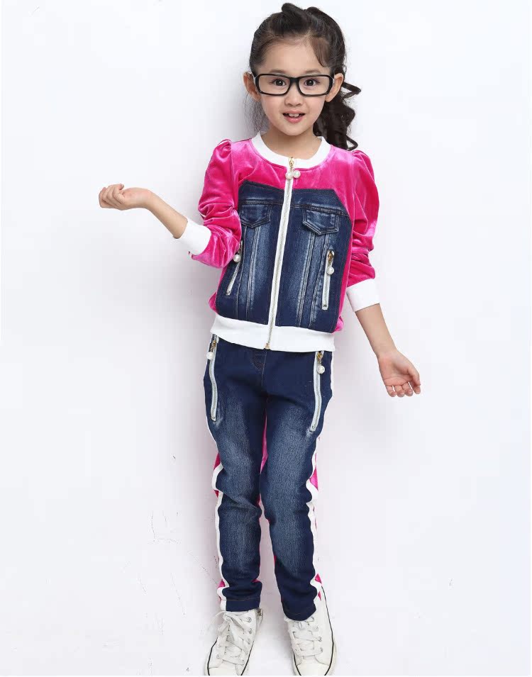 中大女童装拼接牛仔加绒童套装2013新款春秋