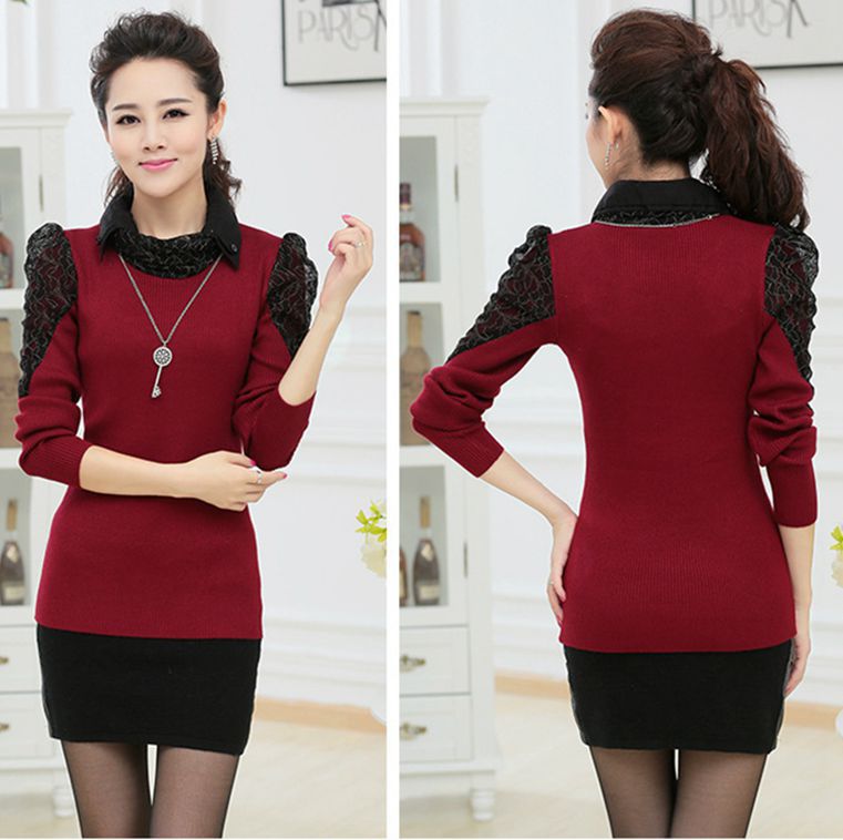 桐乡批发 秋冬修身<em>中长款</em>拼接蕾丝<em>打底</em>衫 衬衣