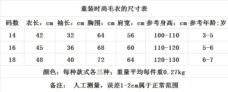 13.8元童裝毛衣的尺寸表