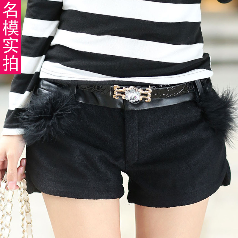 2013新款韩版<em>毛呢短裤女秋冬</em>毛毛口袋显瘦呢