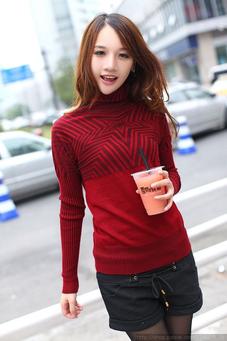 新品堆韩版女堆堆领修身 变色 提花<em>星型毛衣</em>打