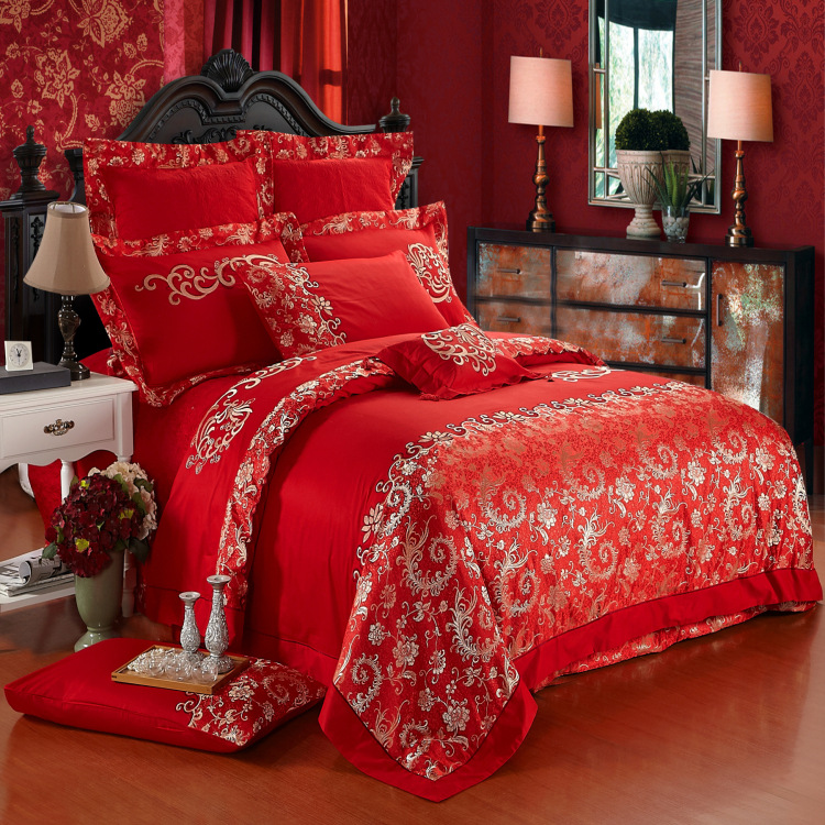 鸞鳳情緣 鳥語花香 婚慶多件套 全棉蕾絲花邊大紅 包郵