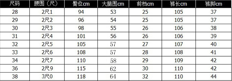 長褲尺寸表