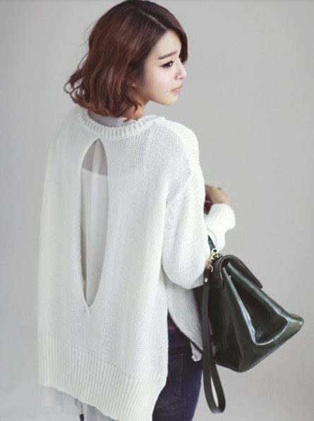 <em>秋冬</em>新款韩版露背雪纺拼接宽松大码<em>套头针织衫</em>