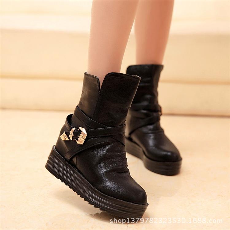 欧美潮时尚街头秋冬女靴拼色皮带扣松糕厚底短内增高雪地靴女短靴