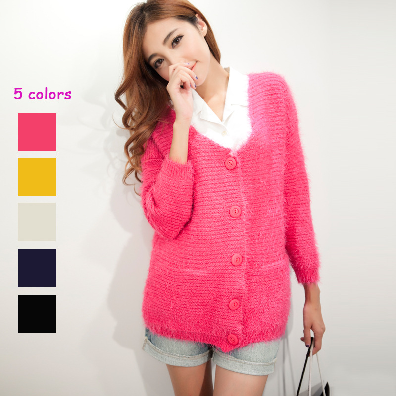 秋冬韩版高档马海毛v领长毛<em>加厚</em>大口袋<em>短开衫</em>