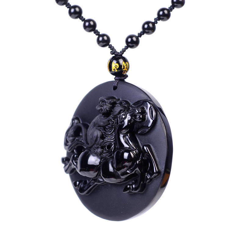 项饰-开光磨砂黑曜石马上封侯吊坠财骏年年玉